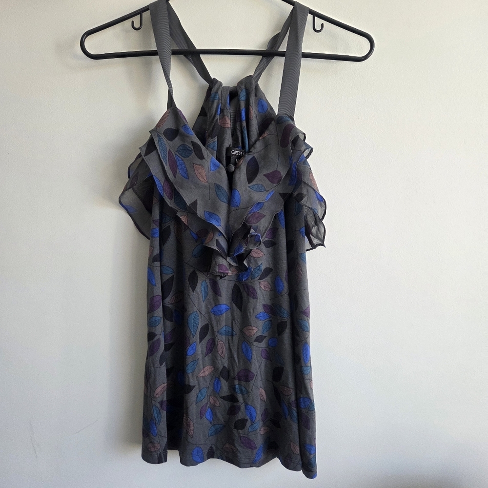 Anthropologie Greylin leaf print tank with ruffle neckline Boho